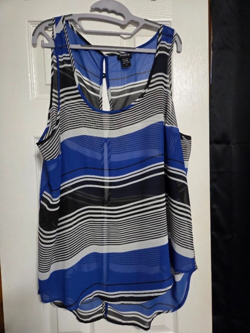 Torrid Blue Black Striped Sheer Open Back Tank Blouse 2X 18/20